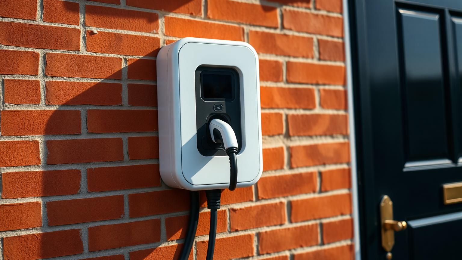 Home EV charger wallbox installed on a UK brick wall with electric car on driveway