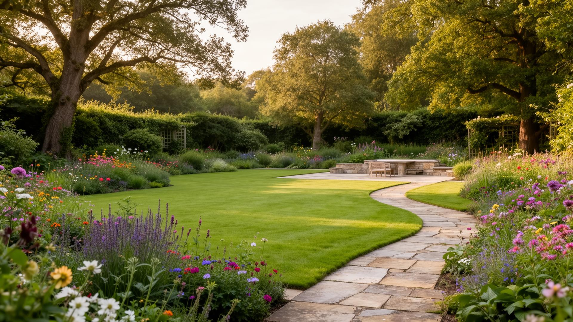 Premium UK garden landscaping with new patio, lawn, modern fencing and planted borders