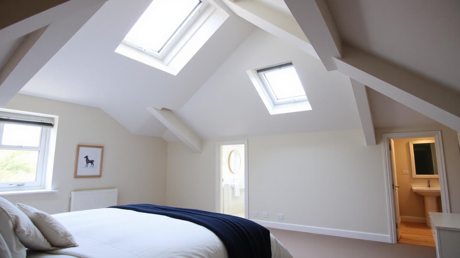 Bright loft conversion bedroom with Velux roof windows and dormer in a Kent home