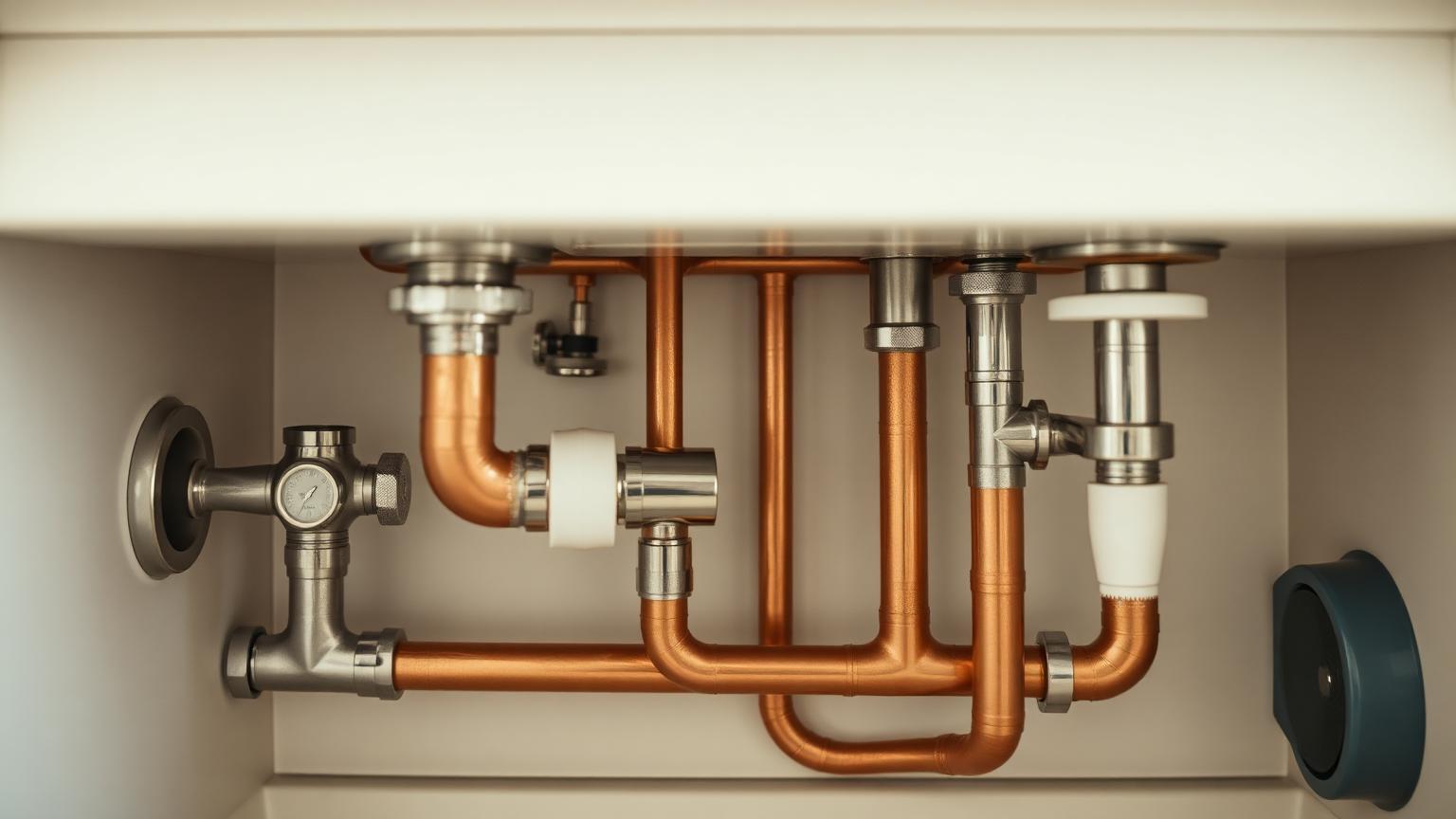 Plumber fitting copper pipework under a modern kitchen sink with chrome tap