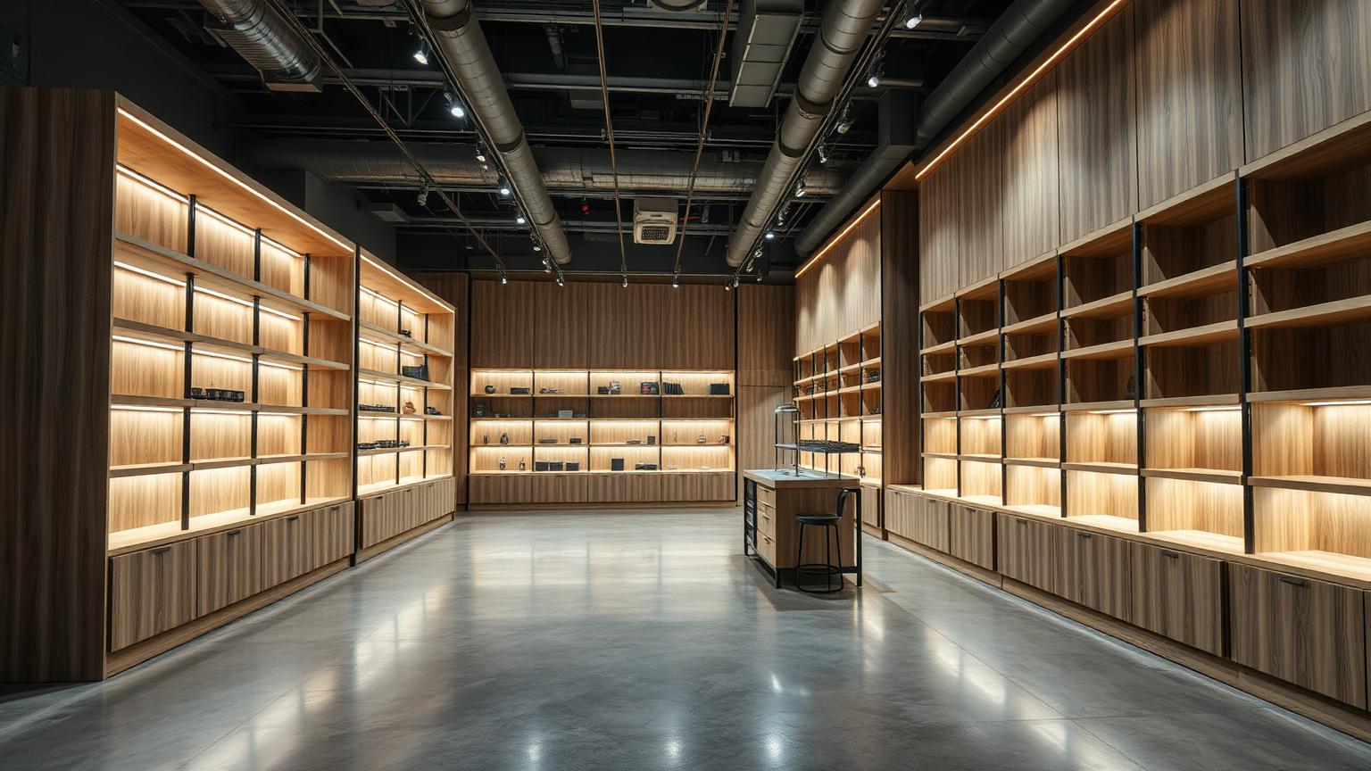 Premium retail shop fit-out with bespoke joinery shelving and modern lighting