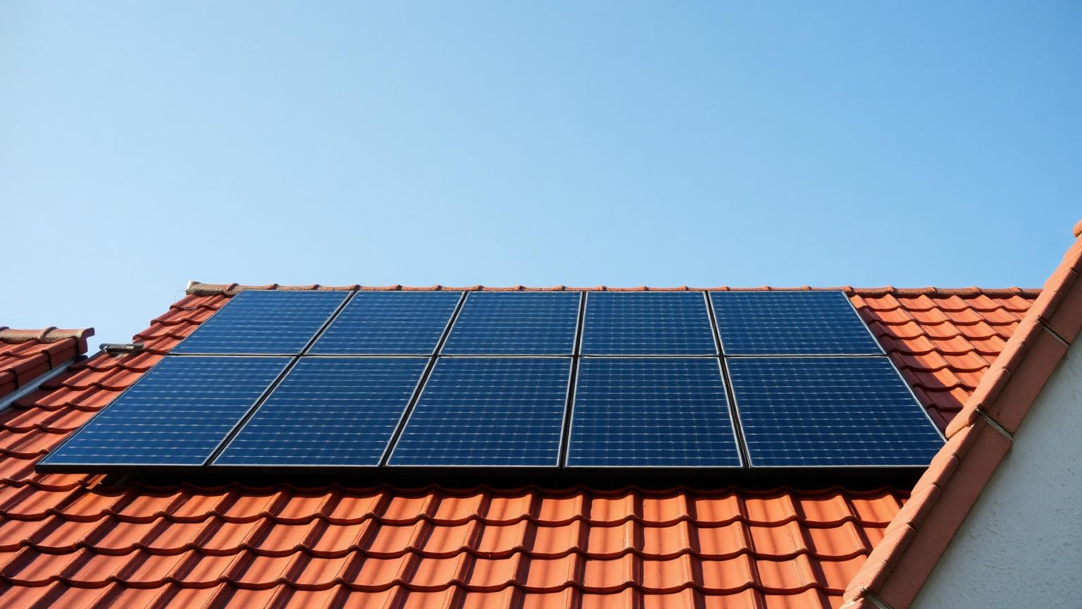 Solar PV panels installed on the roof of a UK home against a clear blue sky